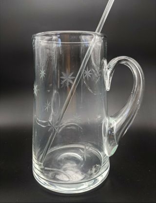 Vintage Mid Century Clear Glass Pitcher Etched With Atomic Stars W/ Stirrer 9 "