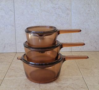 6 Pc Set Corning Pyrex Vision Ware Pots Sauce Pans Amber Glass Cookware W/ Lids