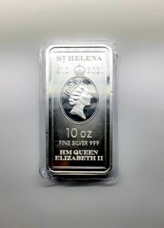 2021 £10 St.  Helena East India Company Silver 10 Oz.  999 Silver Bar.  999 Fine