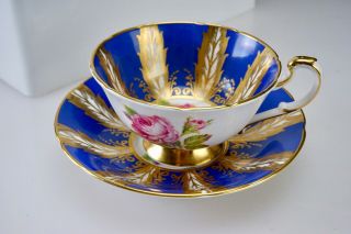 14 Fine Vintage Paragon Cobalt Blue Feather Panel Gold Gilt Rose Cup & Saucer
