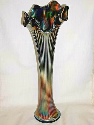 Fenton Fine Rib Swung Vase In Electric Blue Color Carnival Glass