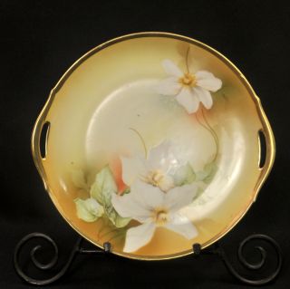 Rs Germany 10 " Cake Plate 2 Handled Hand Painted White Clematis W/gold 1910 - 1945