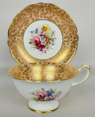 Vintage Hammersley Footed Teacup & Saucer Floral Pink W.  Gold 3243