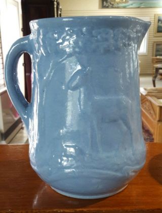Antique Vintage ♡ Blue Salt Glazed Stoneware Homestead Milk Water Pitcher Deer