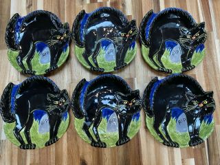 6 Tabletops Lifestyles Halloween “scary Black Cat” Hand Painted Plates