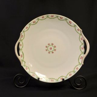 Limoges T&v Cake Plate Green Garland Pink Roses Blue Bows On White W/gold 1907