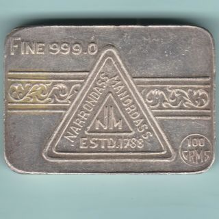 Narrondas Manordass & Co Estd 1788 100 Grams Silver Bar Fine 999.  9