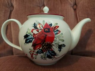 Lenox Winter Greetings Cardinal Holiday Red & White Teapot American Home