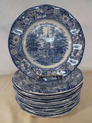 Set Of 12 Staffordshire Liberty Blue Independence Hall Dinner Plates