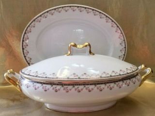 Antique Limoges G Boyer & Co Vegetable Bowl,  Serving Platter Pink Floral Gild