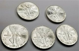 5 Mexican Libertad 1oz 999 Silver Coins 1984,  1985,  1986 (3),  5ozsilver Early Dates
