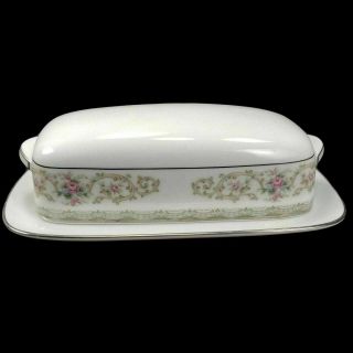 Noritake Edgewood Butter Dish With Cover Japan Pink Flowers Scrolls Bd4 Vintage