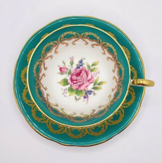 Vintage AYNSLEY Turquoise Pink Floating Rose Heavy Gold Tea Cup & Saucer Teacup 2