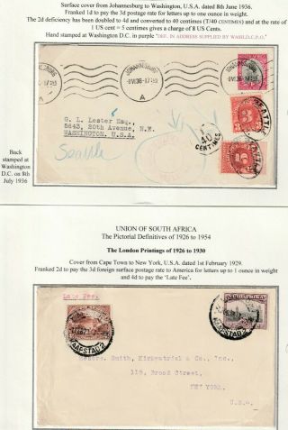 1929/36 2 X South Africa To Usa 1 Late Fee & 1 With Usa Postage Due Stamps