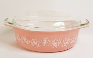 Vintage Pyrex Pink Daisy 043 1.  5 Qt Oval Casserole With Lid