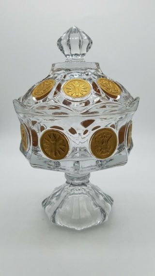 Vintage Fostoria Wedding Bowl W/ Lid Crystal Clear Glass W/ Gold Coins