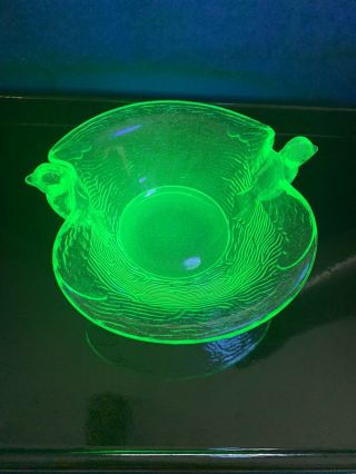 Vtg Fenton Twin Dove Birds Green Vaseline Uranium Art Glass Candy Dish Bowl