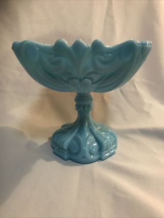 Vintage Portieux Vallerysthal Opaline Blue Milk Glass Compote Pedestal Dish