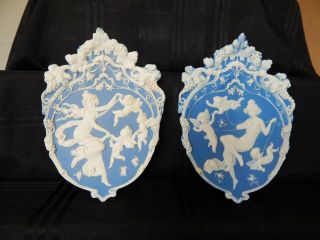 Charming Vintage Schafer And Vater Jasperware 2 Wall Plaques White On Blue