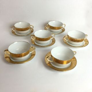 Set Six Vintage Ohme Double Handle Porcelain Cups & Saucers 22k Gold Embossed