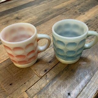 2 Vintage Anchor Fire King Coffee Cup Mugs Thumbprint Blue Red