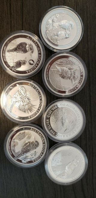 1 Ounce Silver Kookaburra Coins Years 2013,  2014,  2015,  2016,  2017,  2018,  2019
