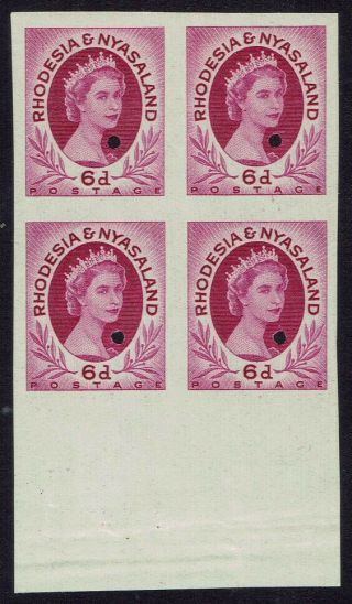 Rhodesia & Nyasaland - 1954 - 56 Qeii 6d Sg7 Block Of 4 Imperforated Plate Proofs