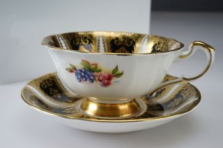 15 Fine Paragon Black Gold Feather Panel Cup & Saucer w/Fruit Peaches Berries 2