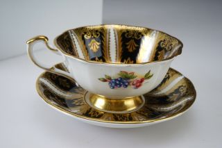 15 Fine Paragon Black Gold Feather Panel Cup & Saucer w/Fruit Peaches Berries 3