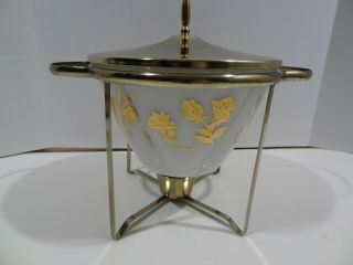 Vintage Mcm Fred Press Fire King Gold Rose Milk Glass Bowl & Chafing Dish Stand