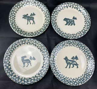 4 Tienshan Folk Craft North Country Dinner Plates Moose,  Elk,  Bear,  Wolf Euc