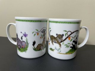 Lynn Chase Jungle Party Set 2 Coffee Mug Cup Elephant Zebra Frog Tea 1988