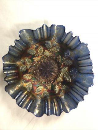 Antique Fenton Carnival Glass Holly 9 " Ruffled Bowl 3/1 Edge Cobalt Blue