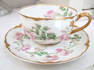 Antique Haviland Limoges Cup & Saucer Set Porcelain Schleiger Pink Roses