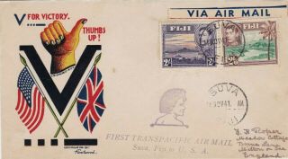 Fiji : Ww2 V Victory Patriotic Cover & First Trans - Pacific Flight To Usa (1941)