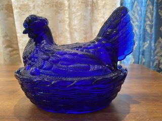 Lg Wright Cobalt Blue Large Hen On Nest Covered Dish Covered Compote 8 " X 7.  25 Ec