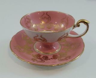 Aynsley Vintage Cabbage Rose Center Teacup And Saucer (c991) Gold & Red,