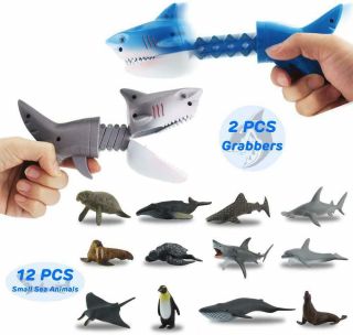 Dinobros Hungry Shark Grabber Toys 2 Shark Grabbers With 12 Mini Sea Animals Fig