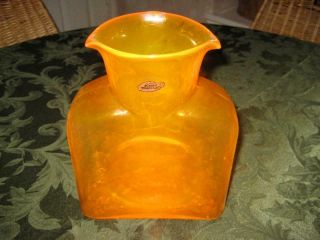 Signed Blenko Amber Orange Water Carafe Double Spout 8” With Sticker