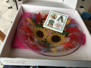Peggy Karr Fused Glass Autumn Sunflower Bowl W Box 11 Inch Diameter