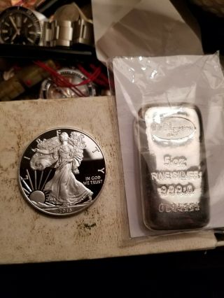 2015 - W American Silver Eagle Proof And 5 Oz Silver Bar