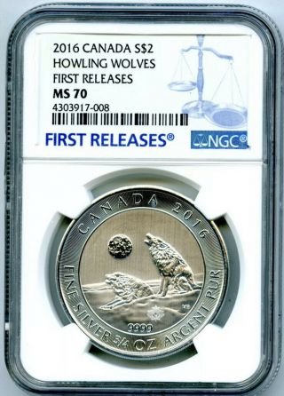 2016 $2 Canada 3/4 Oz.  9999 Silver Howling Wolves Moon Ngc Ms70 First Releases