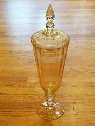Vintage Heavy Romanian Peach/orange Glass Footed Etched Star Tall Jar W/ Lid