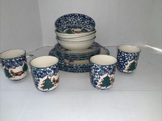 Tienshan Folk Craft Cabin In The Snow Stoneware16 Pc Service For 4