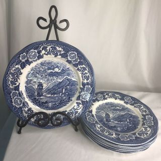 Set of (7) Lochs Of Scotland Blue & White Royal Warwick Dinner Plates 10 