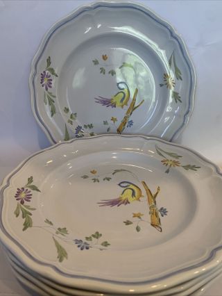 Longchamp Decor Inalterable Perouges Dinner Plates Hand Painted Birds 10.  1/4” 5