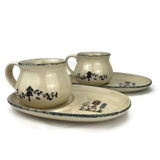 Set Of 2 Home & Garden Party Stoneware Birdhouses Soup Mugs & Sandwich Plates