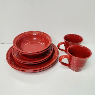 Dansk Craft Colors Red Rhubarb 10” Dinner & 8” Desert Plates Mug Bowl Service 2x