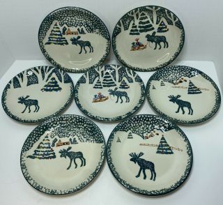 Christmas Plates Folk Craft Holiday Moose Country 7.  5/8in Set Of 7 Stoneware