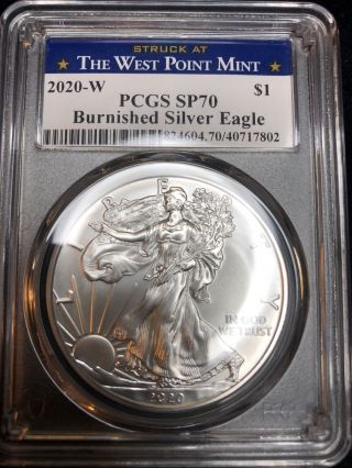 2020 - W Burnished $1 American Silver Eagle Pcgs Sp70 West Point Label